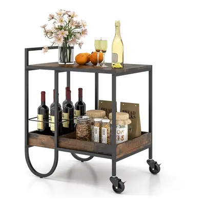 Industrial Bar Trolley Cart Rolling Buffet Serving Cart W/ Metal Wire Wine Rack