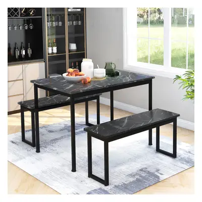 (Black) 3-Piece Dining Table and Bench Set 4-Person Dinette