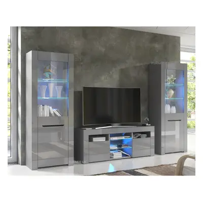 (Blue LED Lights) Grey Living Room Set TV Stand Display Cabinets High Gloss & Matt MilanoG LED L