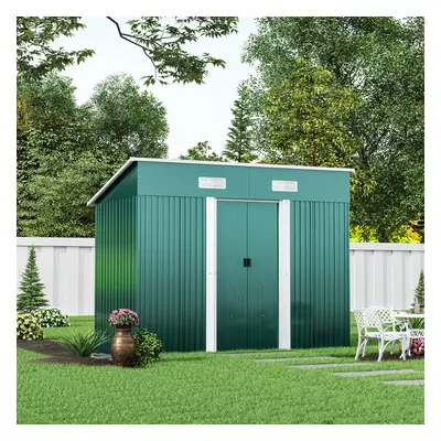 8 x ft Pent Metal Garden Shed Outdoor Tool Storage House with Lockable Door and Base Frame, Dark