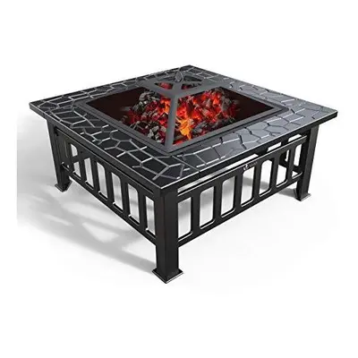 VOUNOT Fire Pit Table with BBQ Grill Shelf, in Square Firepit for Barbecue, Heater, Ice Pit, Met