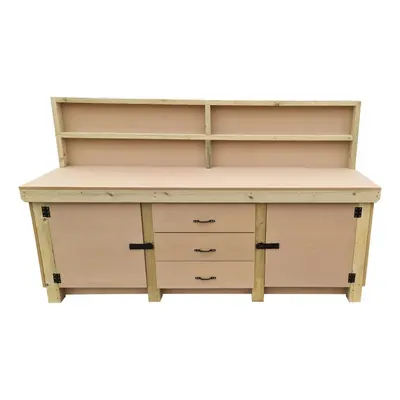 (8ft, Without Back Panel) Wooden Workbench Double Shelf With Drawers and Double Lockable Cupboar