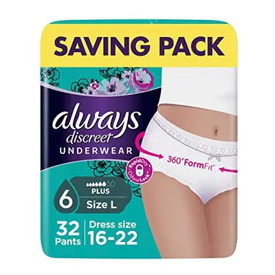 Always Discreet Incontinence Pants Women, Large, Plus, High Absorbency Pants (8 x Packs), Odour 