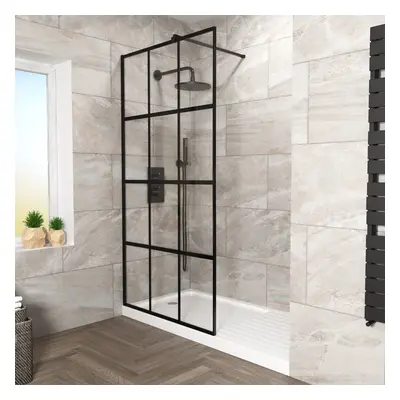 Stanley 1200mm Black Grid Framed Walk-In Shower Enclosure with Support Bar