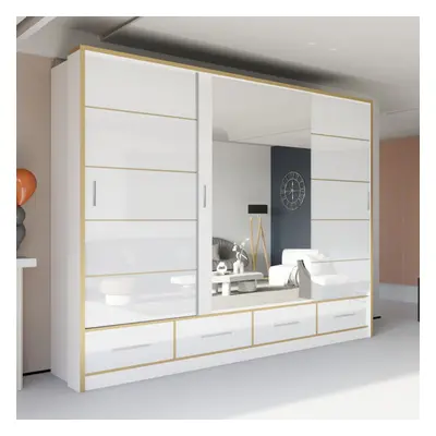 (253cm, White ) Sydney High Gloss Sliding Mirror door wardrobe