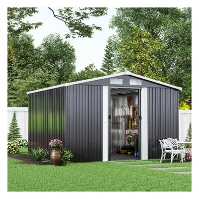 8 x ft Metal Shed Garden Storage Shed Apex Roof Double Door with Base Foundation, Charcoal Black