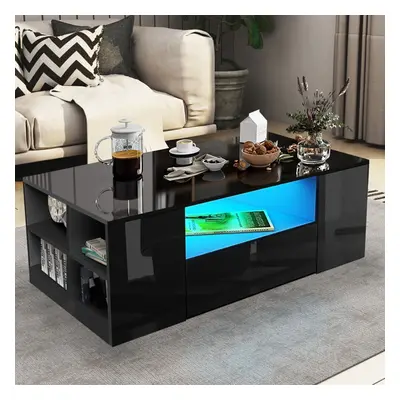 (Black High Gloss Led Coffee Table) LED Coffee Table Wooden Drawer Storage High Gloss Modern Liv