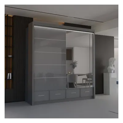 (Grey, 208) Malega High Gloss Sliding Mirror Door Wardrobe