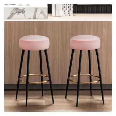 Set of Pink Velvet Soft Round Bar Stools