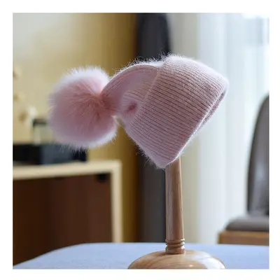 (Angora Hat Women Winter Knit Real Fur Pompom Beanie Autumn Warm Skiing Accessory For Outdoors L