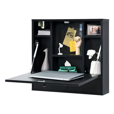 Wall Mounted Table Foldable Laptop Workstation Floating Desk w/Shelves