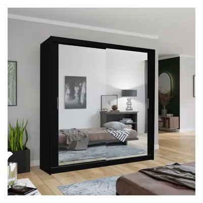 (Black, 180cm) MN FURNITURE Double Mirror Sliding Door Wardrobe