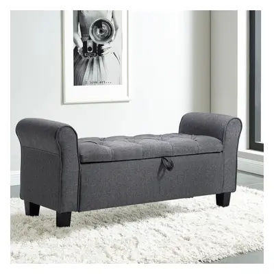 (Dark Grey) Linen Bed End Bench Ottoman Storage Blankets Box Stool with Armrest