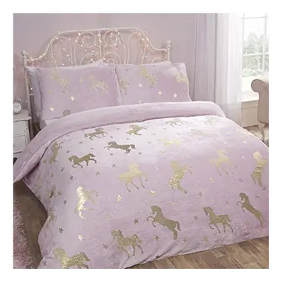 Sleepdown Foil Fleece Flannel Unicorn Blush Stars Reversible Soft Duvet Cover Quilt Bedding Set 