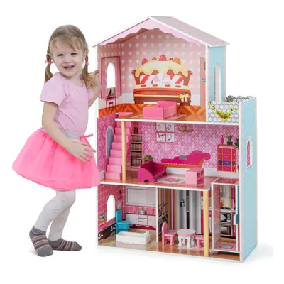 3-Storey Dolls' House Wooden Dollhouse w/ Rooms & Furniture DIY Playhouse