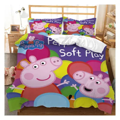 (Double-200x200cm, 6) Peppa Pig Kids Single Double Bed Linen 3D Duvet Cover Set