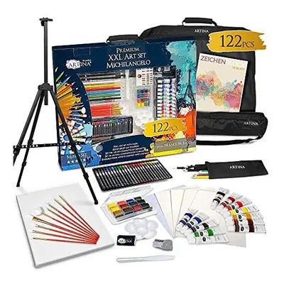 Artina 122pcs Easel Art Set Michelangelo Beginner Painting Set Art Studio with Acrylic Paints, C