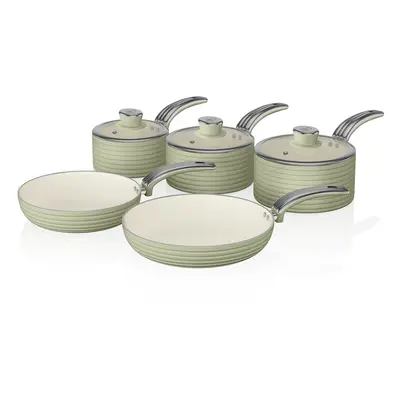 Swan Green Retro Non-Stick 5pce Pan Set, Saucepans 16/18/20cm, Frying Pans 20/28cm with Tempered