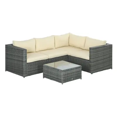 Outsunny 3Pcs Rattan Corner Sofa Set with Coffee Table, Cushion, Beige