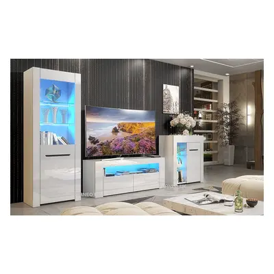 (Blue LED Lights) Gloss & Matt White Living Room Set TV Stand Sideboard Display Cabinet MilClif 