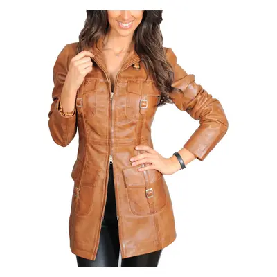 (Tan, 14) Womens 3/4 Long Zip Fasten Leather Jacket Carol Tan