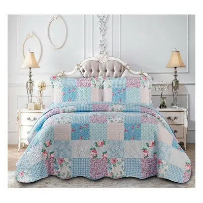 (Floral Blue, King) Piece Patchwork Bedspread Quilted Throw Double & King Size Printed Bedding S