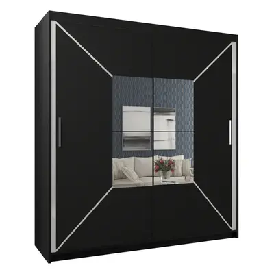 (Black, Width 203cm) Modern Free Standing Mirror Sliding Wardrobe