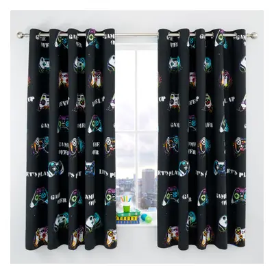 Catherine Lansfield Kids Game Over Reversible Eyelet Curtains, Black, x Inch