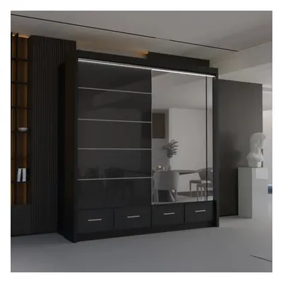 (Black, 208) Malega High Gloss Sliding Mirror Door Wardrobe