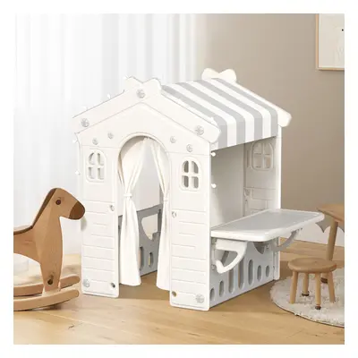 (Beige+Grey) Kids Plastic Playhouse for Indoor Outdoor, Portable Game Cottage with Curtain