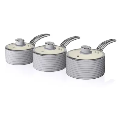 Swan Grey Retro 3pce Saucepan Set 16cm/18cm/20cm with Glass Lids, Non-Stick & Compatible with In