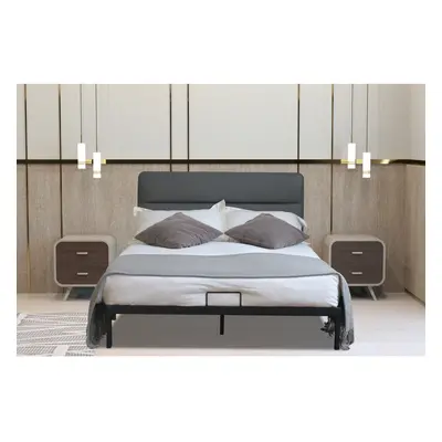 (Grey, Kerri Mattress) Metal Bedframe with Faux Leather Headboard