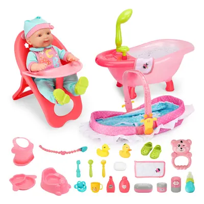 14" Baby Doll Play Set Pcs Baby Doll Accs with High Chair Bath Crib Feeding Accs Realistic Prete