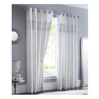 (66 x 90" (168x229cm)) White curtains lined eyelet ring top ready made silver sequin geometric