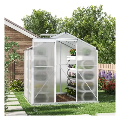 6ft Ã 6ft Greenhouse Polycarbonate Aluminium Greenhouse with Window, Sliding Door, and Foundati