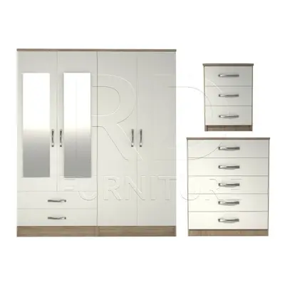 Ready assembled Pcs Classic Door Drawer Mirrored Wardrobe, Chest And Bedside Set Oak And White