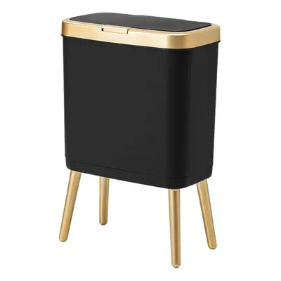 Office Trash Can with Lid, Black Bathroom Trash Can with Gold Edge, Modern Narrow Garbage Can wi