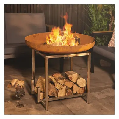 Round Bowl Fire Pit Corten Steel & Chrome Firepit