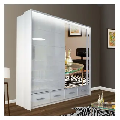 (White, 208cm) MN FURNITURE High Gloss Sliding Mirror Wardrobe