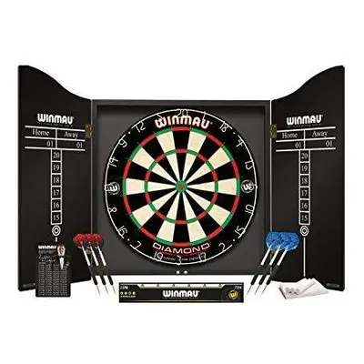 WINMAU Professional Dart Set includes Diamond Plus Bristle Dartboard - Black Cabinet - Sets of D