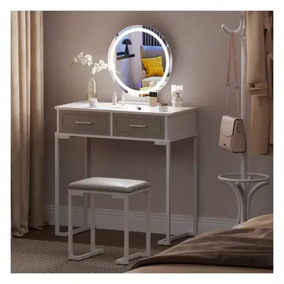 Dressing Table with Lights Mirror, White Vanity Makeup Table with Adjustable Brightness Mirror, 