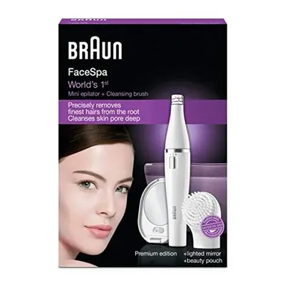 Braun FaceSpa Face Epilator, Hair Removal with Facial Cleansing Brush Head, Lighted Mirror and B