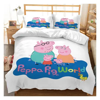 (Double-200x200cm, 3) Peppa Pig Kids Single Double Bed Linen 3D Duvet Cover Set