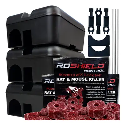 ((3 Boxes & 300g Blocks)) Roshield Tamper-Proof Rat Box & Poison Block Kit