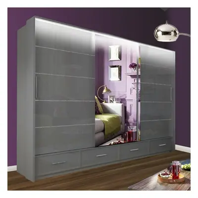 (Grey, 255cm) MN FURNITURE High Gloss Sliding Mirror Wardrobe