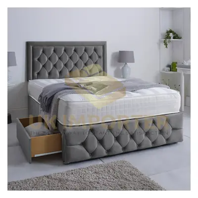 (Grey Plush, Double 4ft6"(with Drawers)) LUXURY DIVAN BED 26"HEADBOARD STORAGE DRAWER With MATTR