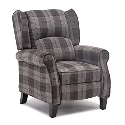 (Grey) Eaton Wing Back Fireside Herringbone Fabric Recliner Armchair Sofa Chair Reclining Cinema