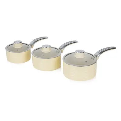 Swan Cream Retro 3pce Saucepan Set 16cm/18cm/20cm with Glass Lids, Non-Stick & Compatible with I