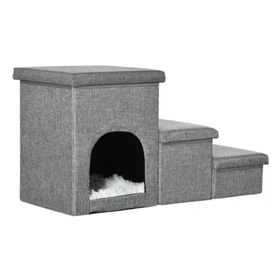 PawHut Step Dog Steps for Bed w/ Cat House Storage Boxes for Sofa Grey