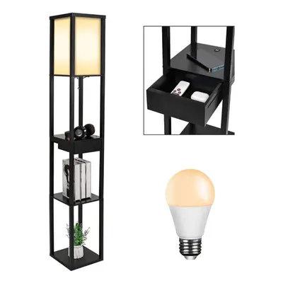 (Black(USB Port+Drawer)) Floor Lamp LED Bulb 3-Tier Wooden Display Shelf